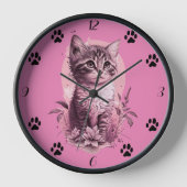 Cute Kitten Pink Mur Horloge avec Chat Noir Paw (Recto)