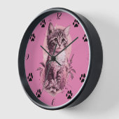 Cute Kitten Pink Mur Horloge avec Chat Noir Paw (Angle)