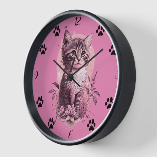 Cute Kitten Pink Mur Horloge avec Chat Noir Paw (Angle)
