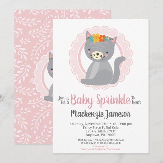 Cute Kitten Rose Girls Baby Sprinkle Invitation (Devant / Derrière)