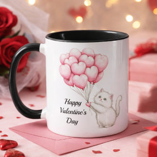 Cute Kitten Roze Hart Ballonnen Valentijnsdag Mok
