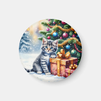 Cute Kitten Under Christmas Tree Magneet