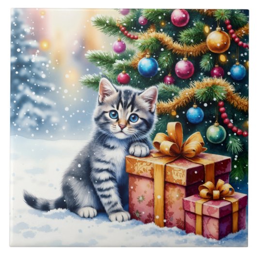 Cute Kitten Under Christmas Tree Tegeltje (Voorkant)