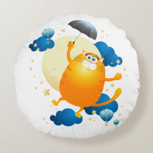 Cute Kitten vliegt met Umbrella Rond Kussen