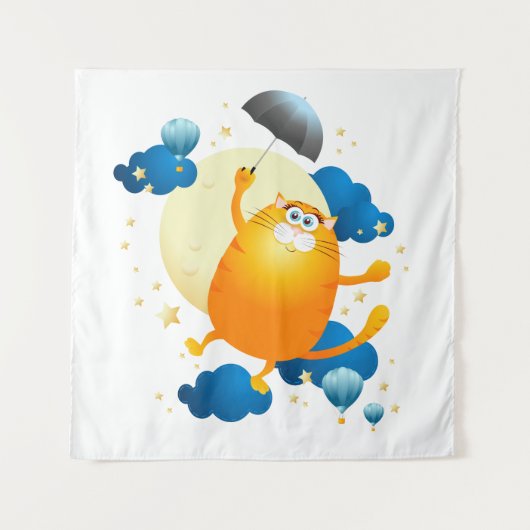 Cute Kitten vliegt met Umbrella Wandkleed (Voorkant)