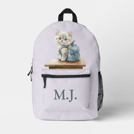Cute Kitten with Backpack Custom Monogram Backpack Bedrukte Rugzak (Voorkant)