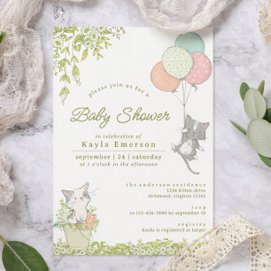 Cute Kittens en Floral   Neutraal Baby shower voor Kaart