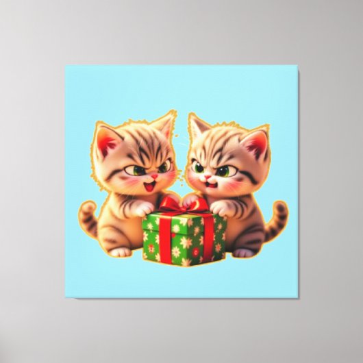 **Cute Kittens Fighting Over a Gift – Funny Christ Canvas Afdruk (Voorkant)