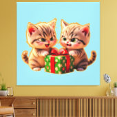 **Cute Kittens Fighting Over a Gift – Funny Christ Canvas Afdruk (Insitu (Woonkamer))