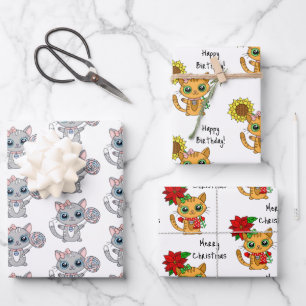 Cute Kittens met bloem- en kerstdag Inpakpapier Vel