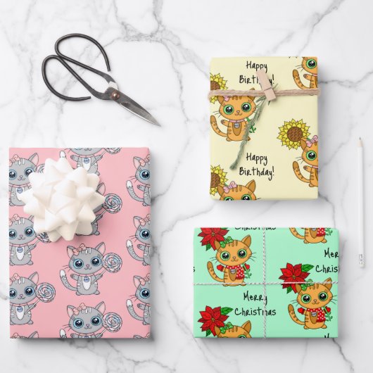 Cute Kittens met bloem- en kerstdag Inpakpapier Vel (Voorkant)