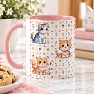 Cute Kittens & Paw Prints Pink Coffee Mug Mok