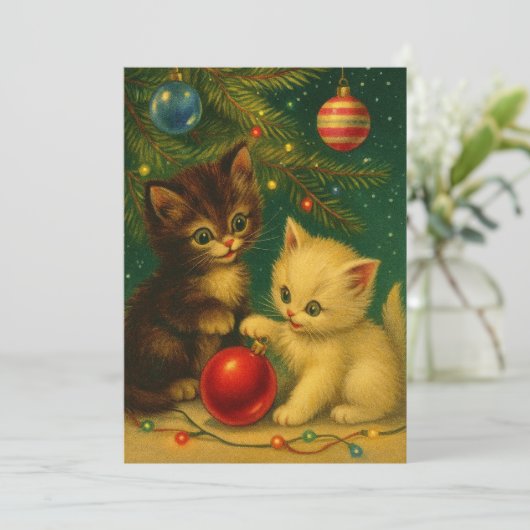 Cute Kittens Under Christmas Tree Retro Feestdagenkaart (Staand voorkant)