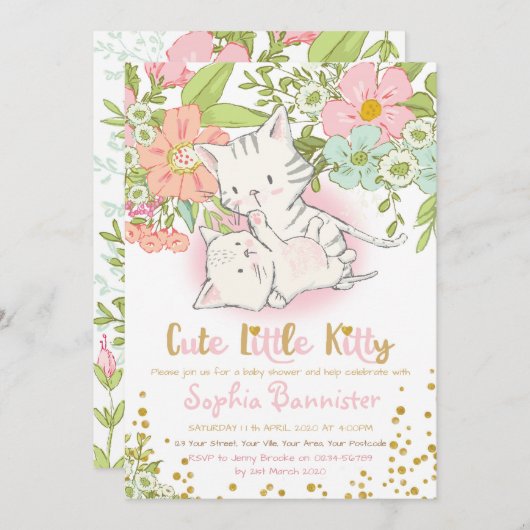 Cute Kitty Baby shower Invitation fille (Devant / Derrière)