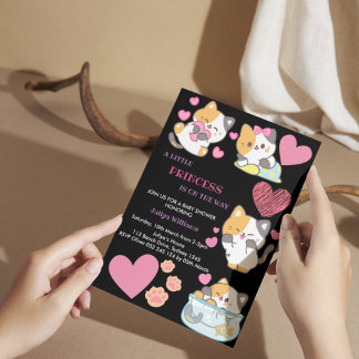 Cute kitty baby shower noir et rose invitation