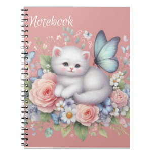 Cute Kitty Blanc, Papillons Et Carnet Fleurs