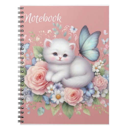 Cute Kitty Blanc, Papillons Et Carnet Fleurs (Devant)