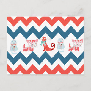 Cute Kitty Blue Coral Chevron Stripes Pattern Briefkaart