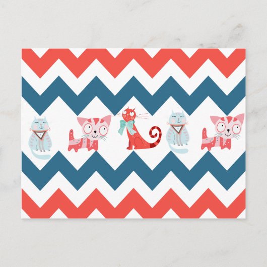 Cute Kitty Blue Coral Chevron Stripes Pattern Briefkaart (Voorkant)