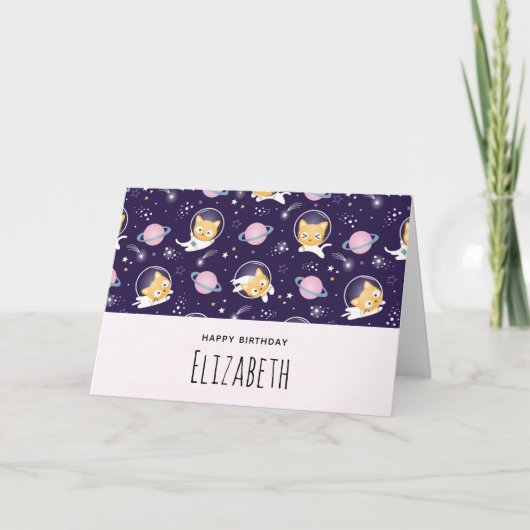Cute Kitty Cat Astronauts Pattern Birthday Kaart (Voorkant)