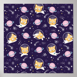 Cute Kitty Cat Astronauts Pattern Poster