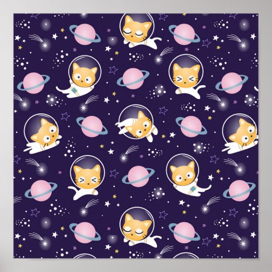Cute Kitty Cat Astronauts Pattern Poster (Voorkant)