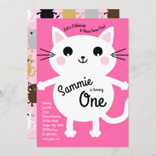 Cute Kitty Cat Colorful 1st Birthday Invitation Kaart