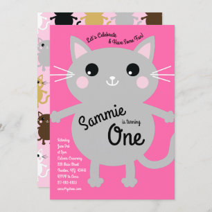 Cute Kitty Cat Colorful 1st Birthday Invitation Kaart