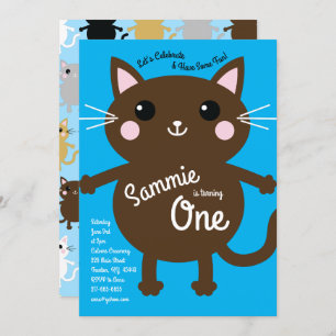 Cute Kitty Cat Colorful 1st Birthday Invitation Kaart