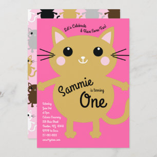 Cute Kitty Cat Colorful 1st Birthday Invitation Kaart