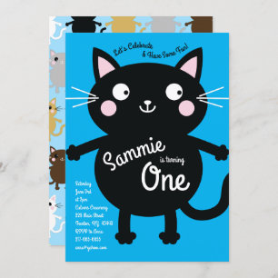 Cute Kitty Cat Colorful 1st Birthday Invitation Kaart
