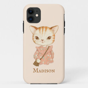 Cute Kitty Cat Floral Eenvoudig Monogram iPhone 11 Hoesje