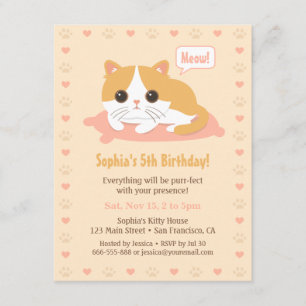 Cute Kitty Cat Girls Birthday Party Invitations Kaart