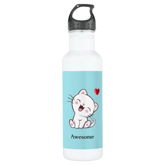 Cute Kitty Cat & Heart op Light Blue Waterfles (Voorkant)