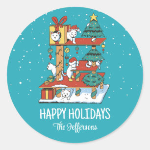 Cute Kitty Cat Kerstmis Snowy Winter Holiday Ronde Sticker