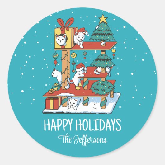 Cute Kitty Cat Kerstmis Snowy Winter Holiday Ronde Sticker (Voorkant)