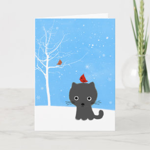 Cute Kitty Cat & Little Red Birds White Kerstmis Feestdagen Kaart