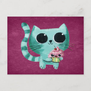Cute Kitty Cat met Kawaii Cupcake Briefkaart