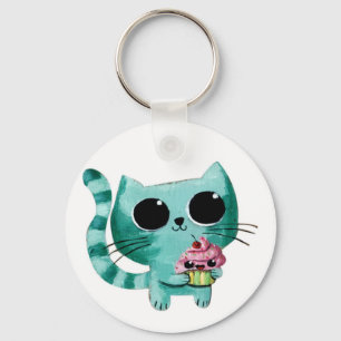 Cute Kitty Cat met Kawaii Cupcake Sleutelhanger