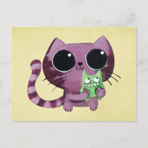 Cute Kitty Cat met Little Green Monster Briefkaart