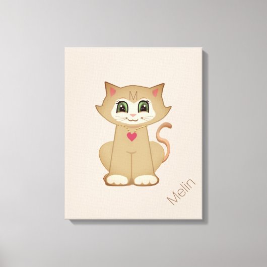 Cute Kitty Cat op Beige Canvas Afdruk (Voorkant)