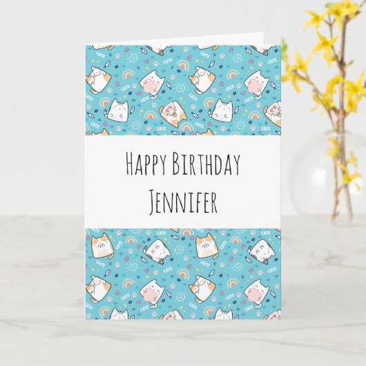 Cute Kitty Cat Pattern Whimsical Dag Kaart (Gele Bloem)