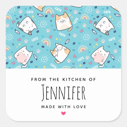 Cute Kitty Cat Pattern Whimsical Kitchen Vierkante Sticker (Voorkant)
