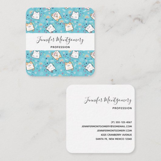 Cute Kitty Cat Pattern Whimsical Vierkante Visitekaartje (Voorkant / Achterkant)