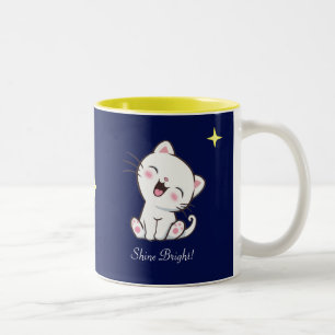 Cute Kitty Cat & Star op blauw Tweekleurige Koffiemok