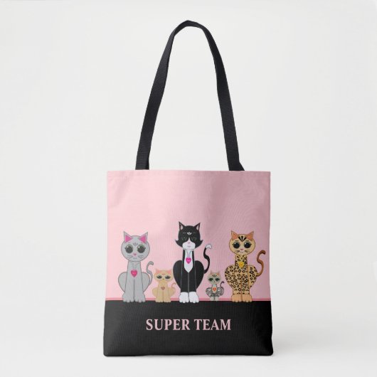 Cute Kitty Cat Team en kalligrafie op zwart-roze Draagtas (Voorkant)