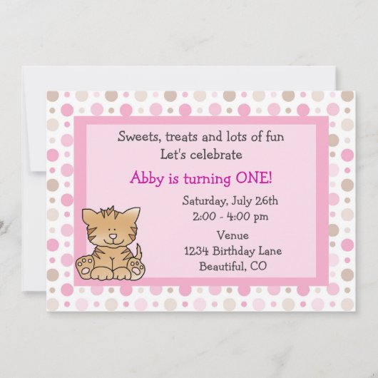 Cute Kitty Chat 1er Anniversaire Invitation pour f (Devant)
