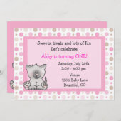 Cute Kitty Chat 1er Anniversaire Invitation pour f (Devant / Derrière)