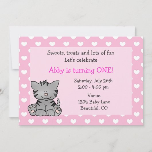 Cute Kitty Chat 1er Anniversaire Invitation pour f (Devant)
