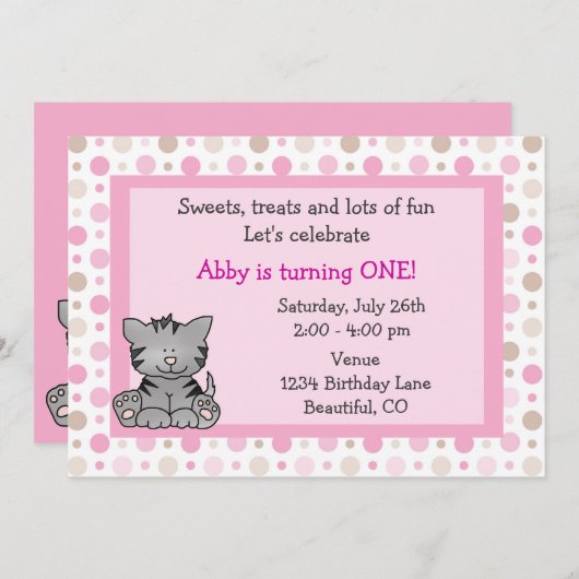 Cute Kitty Chat 1er Anniversaire Invitation pour f (Devant / Derrière)